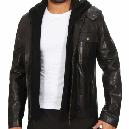 Comet Black Detachable Hooded Leather Jacket