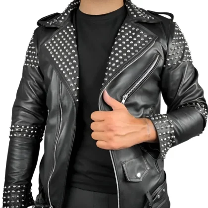 Phantom Black Studded Biker Leather Jacket
