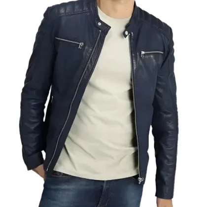 Silvano Blue Leather Biker Jacket