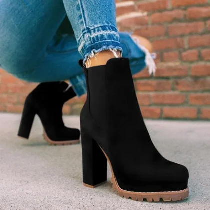 Women Elastic Panel Slip On Chunky Heel Ankle Booties