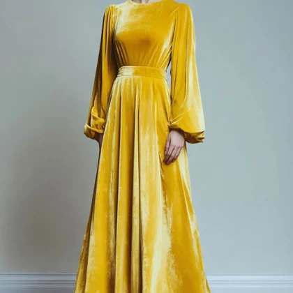 Yellow Velvet A-Line Long Sleeve Holiday Dress