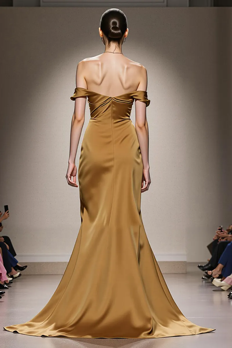 Yellow Off The Shoulder Satin Mermaid Evening Dress - Image 2