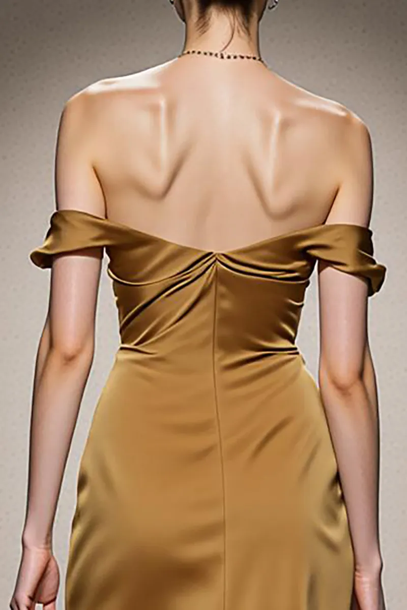 Yellow Off The Shoulder Satin Mermaid Evening Dress - Image 4