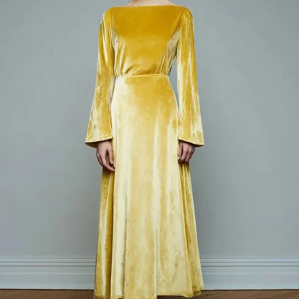 Yellow A-Line Velvet Long Sleeve Holiday Party Dress