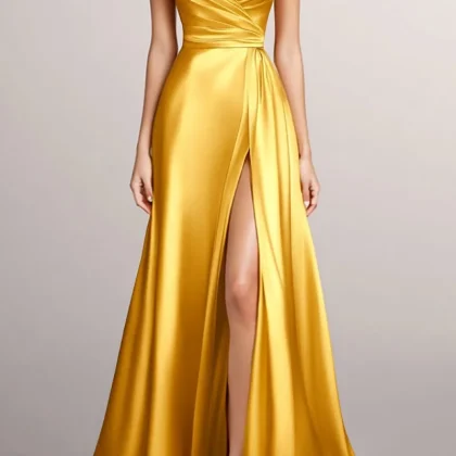Yellow A-Line Strapless Wrap Ruched Satin Long Formal Dress with Slit