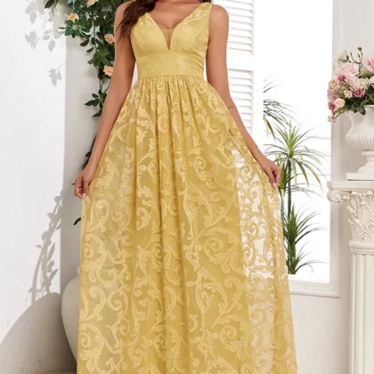 Yellow A Line V Neck Appliques Spaghetti Straps Maxi Dress