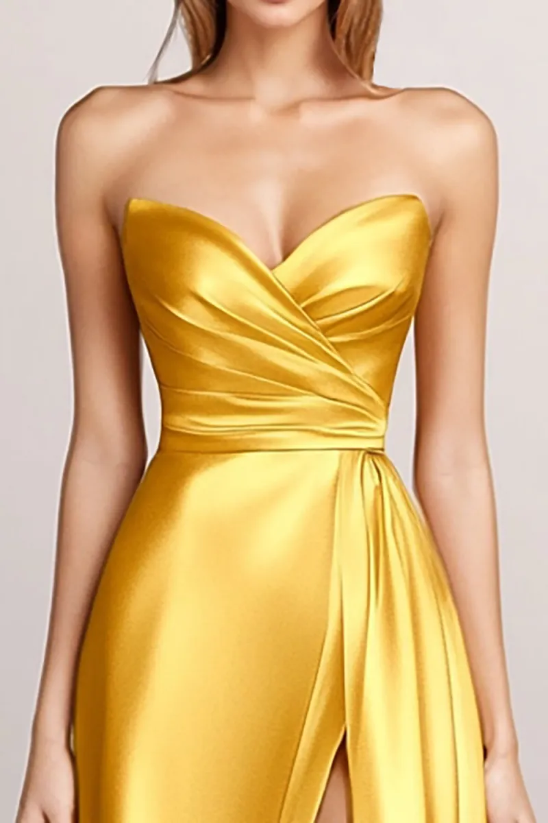Yellow A-Line Strapless Wrap Ruched Satin Long Formal Dress with Slit - Image 2