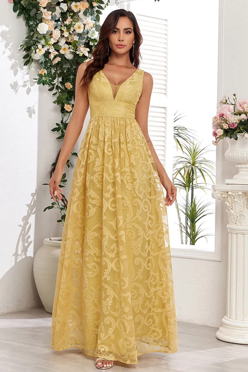 Yellow A Line V Neck Appliques Spaghetti Straps Maxi Dress - Image 4