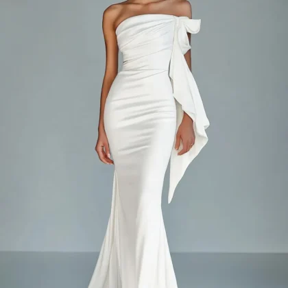 White Strapless Mermaid Ruffled Formal Dress