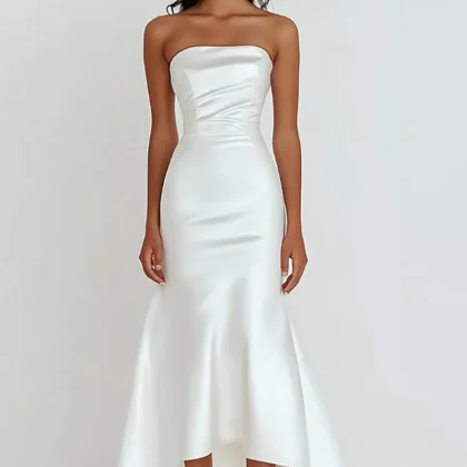 White Strapless Sheath Satin Ruffled Wedding Dress