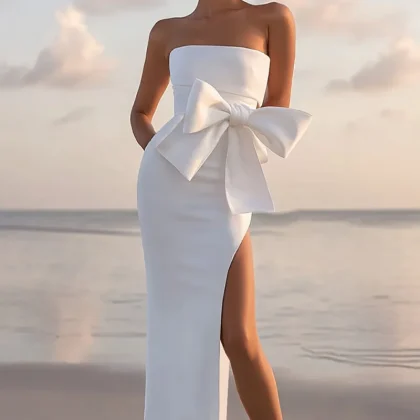 White Sheath Bow Tea Length Graduation Dress With Slit