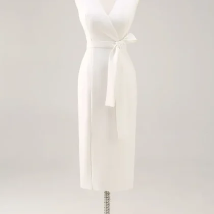 White Sheath V-Neck Formal Dress with Sash