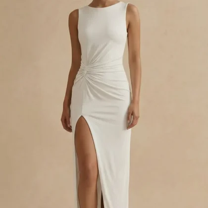 White Ruched Round Neck Formal Dress with Slit