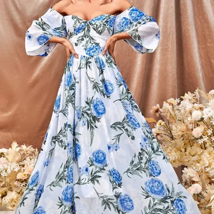 White Blue Flower A Line Maxi Dress with Ruffled Sleeves