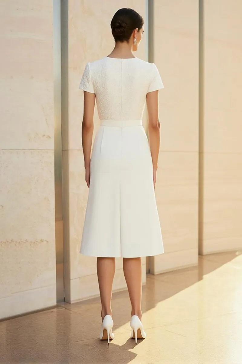 White Jacquard Round Neck Midi Formal Dress with Short Sleeves - Image 2