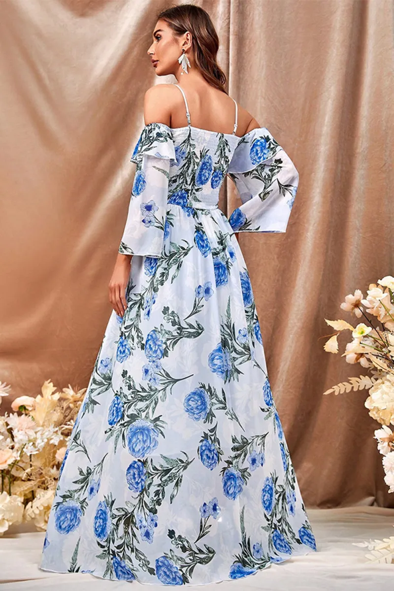 White Blue Flower A Line Maxi Dress with Ruffled Sleeves - Image 2