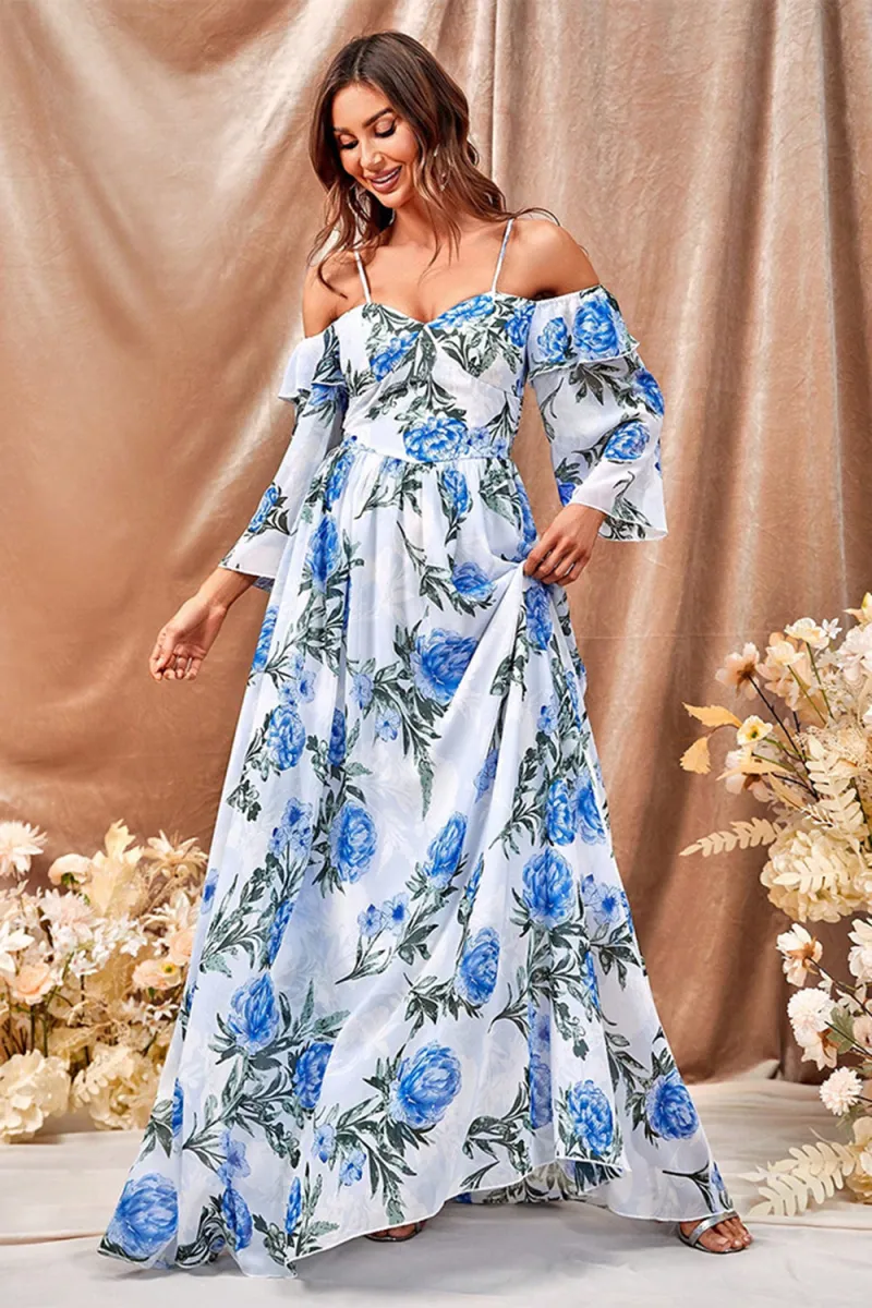White Blue Flower A Line Maxi Dress with Ruffled Sleeves - Image 3