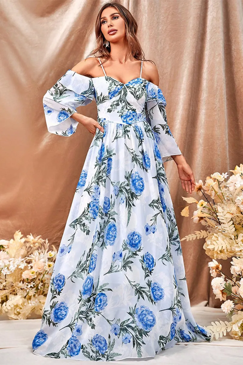 White Blue Flower A Line Maxi Dress with Ruffled Sleeves - Image 4