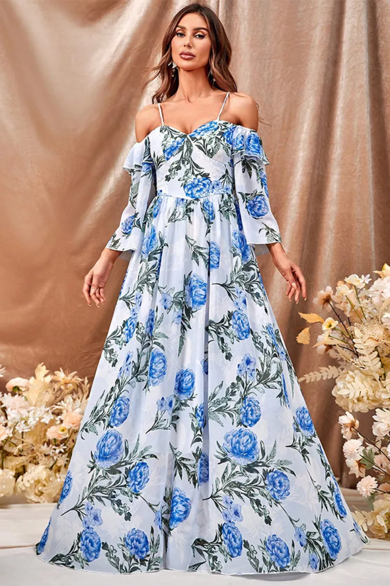 White Blue Flower A Line Maxi Dress with Ruffled Sleeves - Image 5