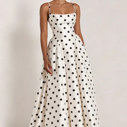 White Black Polka Dot A Line Maxi Formal Dress