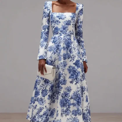 White and Blue Flower A-Line Square Neck Semi-Formal Dress