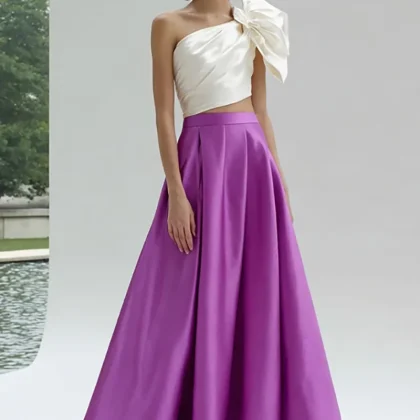 White and Purple One Shoulder A-Line Formal Dress With 3D Flower