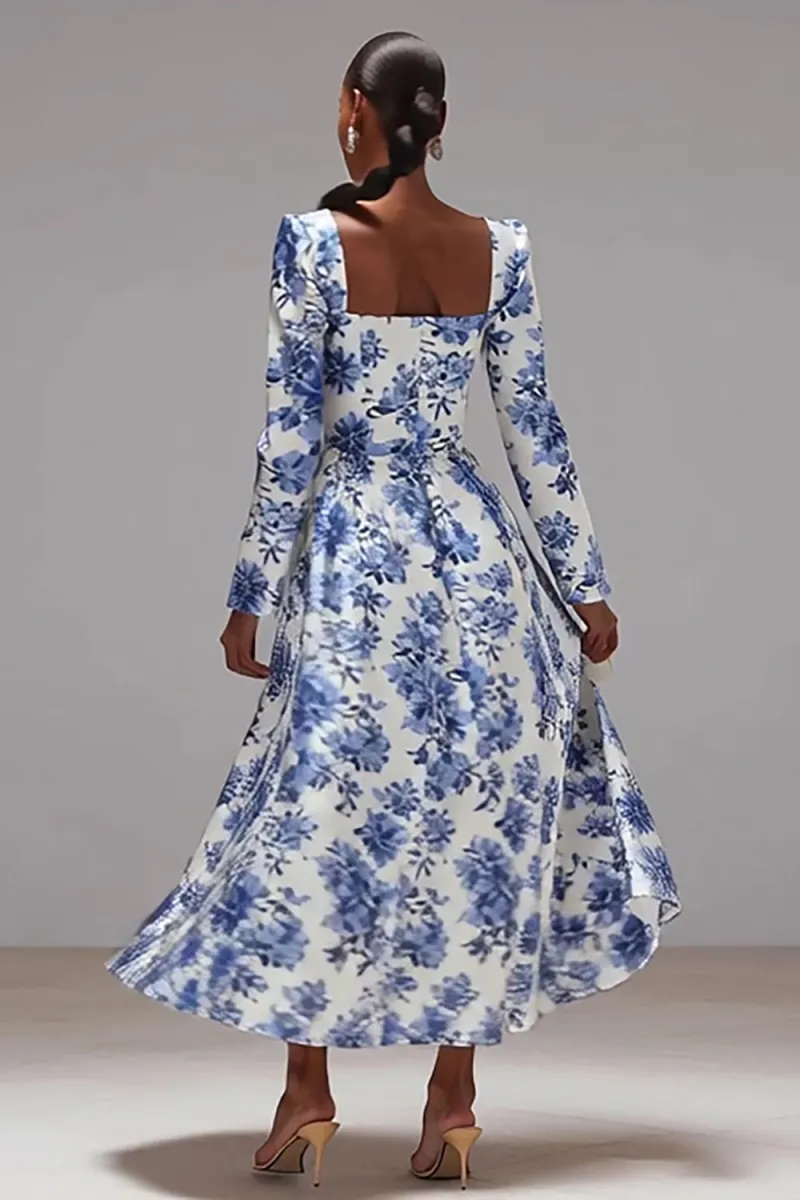 White and Blue Flower A-Line Square Neck Semi-Formal Dress - Image 2