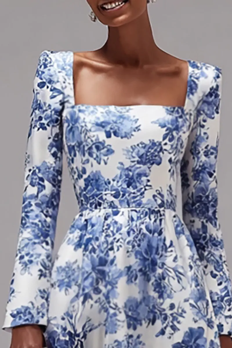 White and Blue Flower A-Line Square Neck Semi-Formal Dress - Image 3
