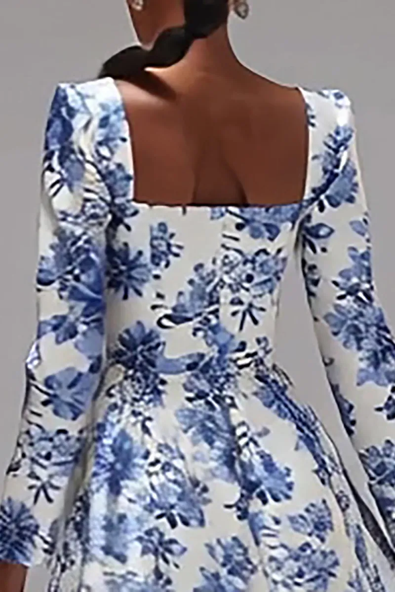 White and Blue Flower A-Line Square Neck Semi-Formal Dress - Image 4