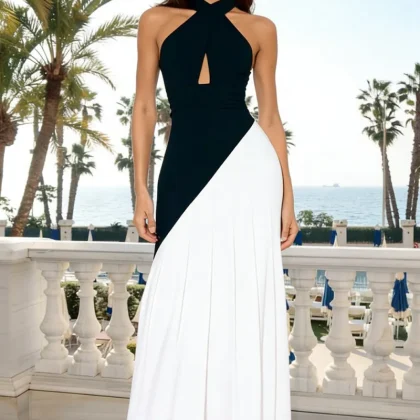 White and Black Halter Cut Out A-Line Maxi Formal Dress