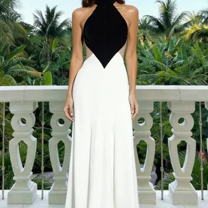 White and Black A-Line Backless Long Formal Dress