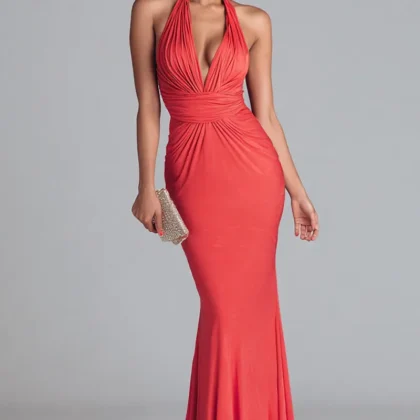 Watermelon Halter Ruched Mermaid Long Formal Dress