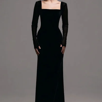 Velvet Square Neck Long Sleeve Sheath Black Tie Dress