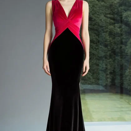 Velvet V-Neck Mermaid Black and Fuchsia Formal Dress