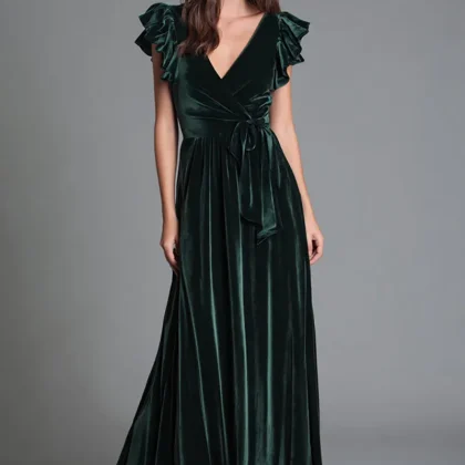 Velvet V-Neck A-Line Dark Green Holiday Dress With Ruffle Sleeves