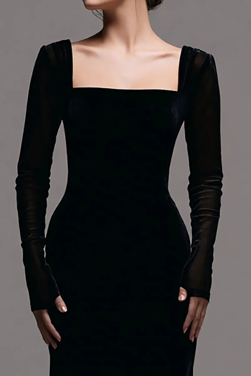 Velvet Square Neck Long Sleeve Sheath Black Tie Dress - Image 2
