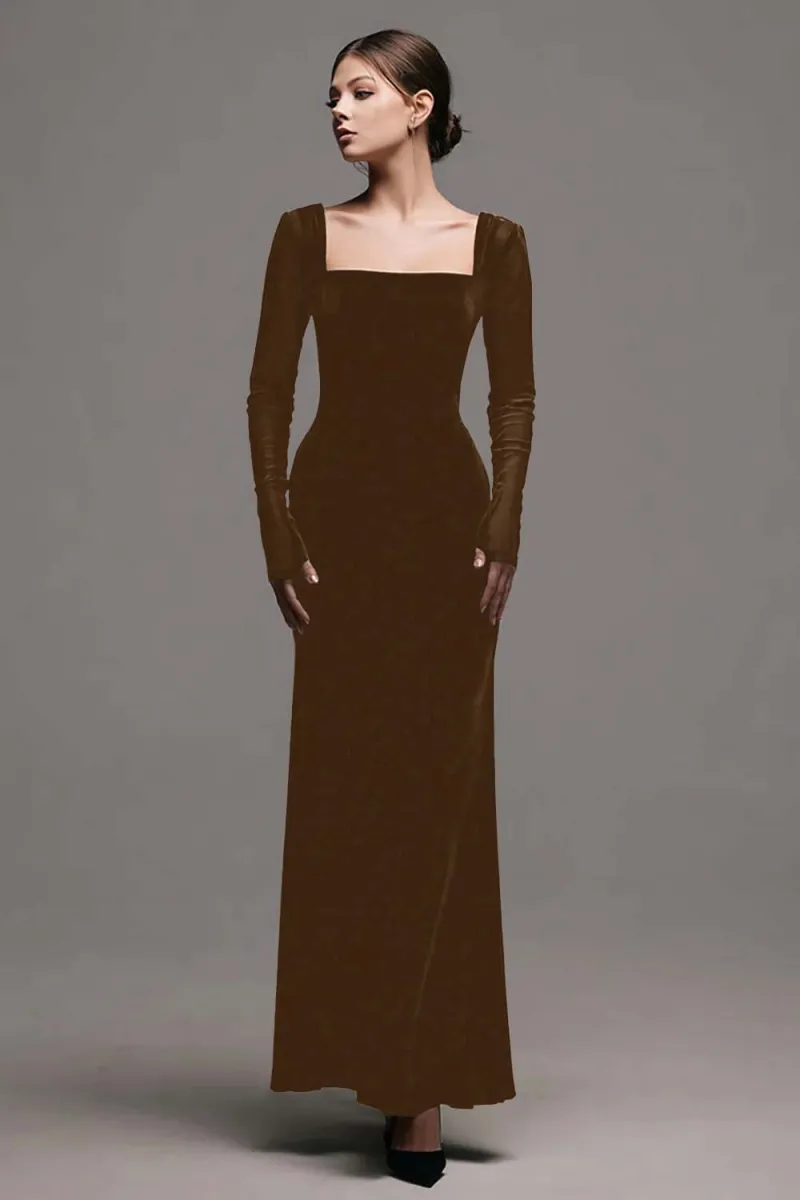 Velvet Square Neck Long Sleeve Sheath Black Tie Dress - Image 3