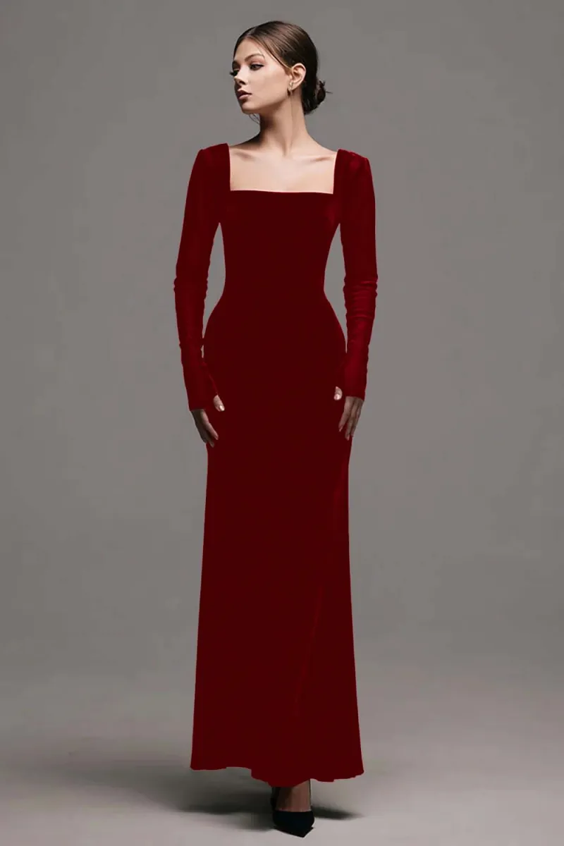 Velvet Square Neck Long Sleeve Sheath Black Tie Dress - Image 4