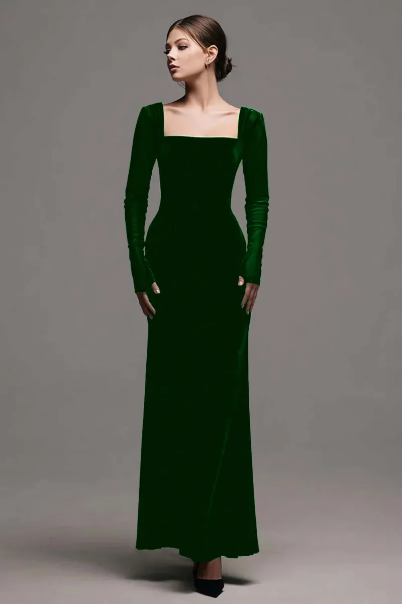 Velvet Square Neck Long Sleeve Sheath Black Tie Dress - Image 5