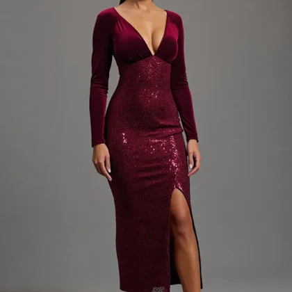 Velvet Sequin Burgundy Formal Dress with Slit