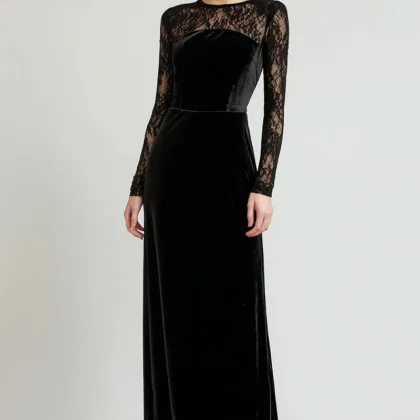 Velvet Sheath Lace Long Sleeve Black Tie Dress