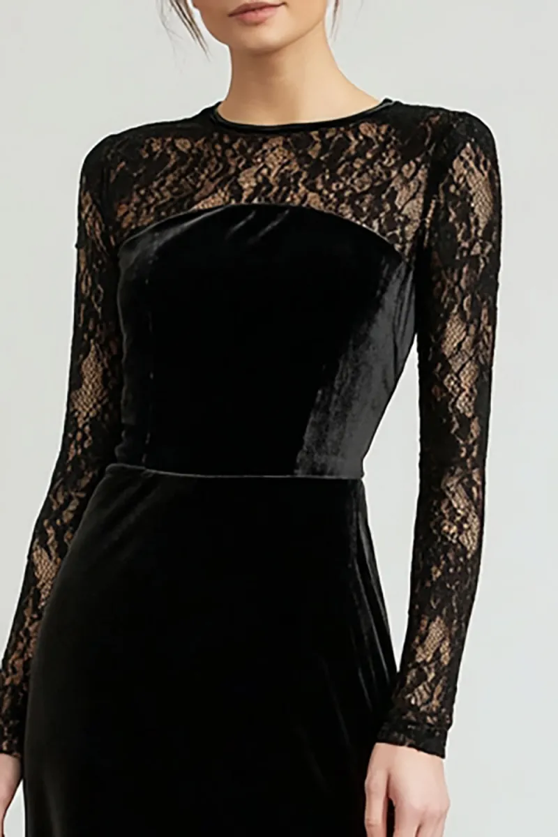 Velvet Sheath Lace Long Sleeve Black Tie Dress - Image 2