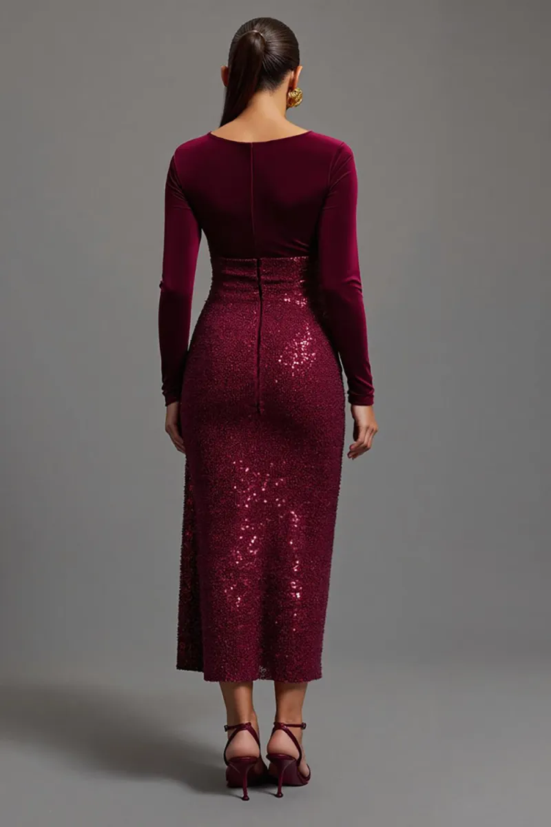 Velvet Sequin Burgundy Formal Dress with Slit - Image 2