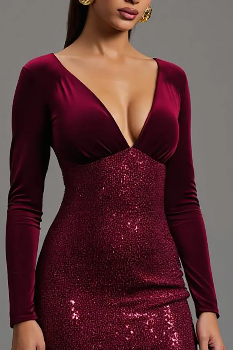 Velvet Sequin Burgundy Formal Dress with Slit - Image 3