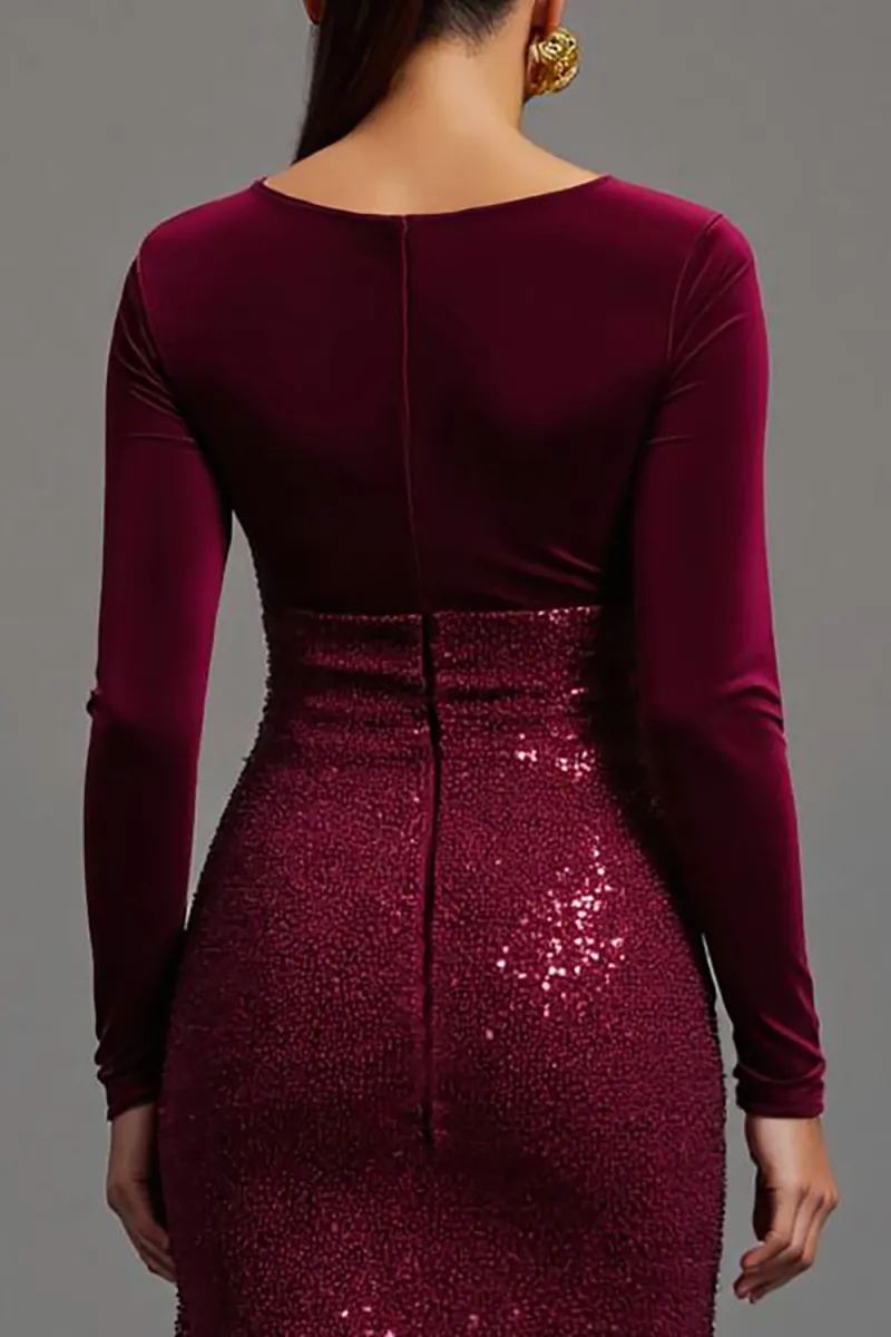 Velvet Sequin Burgundy Formal Dress with Slit - Image 4