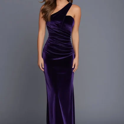 Velvet One Shoulder Sheath Plum Maxi Holiday Dress