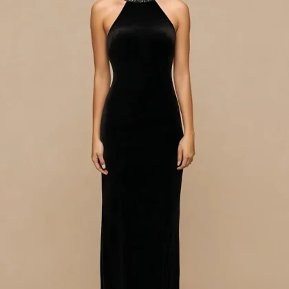 Velvet Halter Sheath Maxi Black Tie Dress