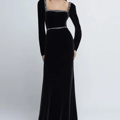 Velvet Long Sleeve Black Tie Dress with Beading