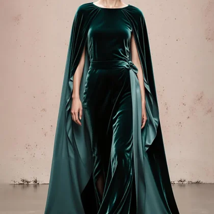 Velvet Dark Green Maxi Evening Dress with Cloak