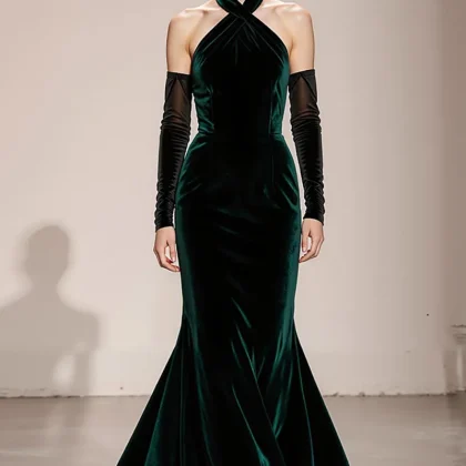 Velvet Halter Mermaid Dark Green Evening Dress